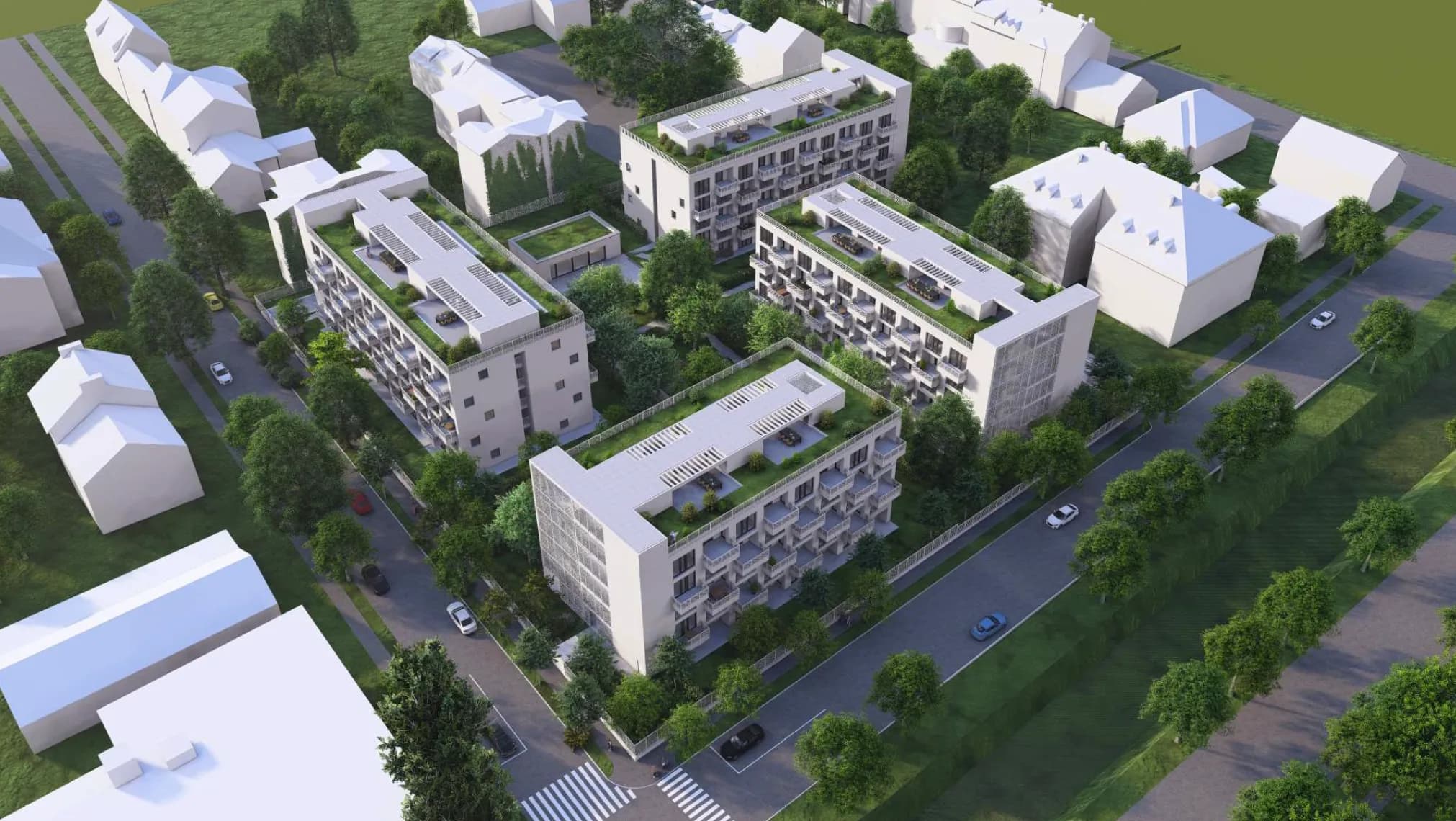 Velion Lakópark madártávlati látványterv — 5 épület és zöld belső udvar Zuglóban