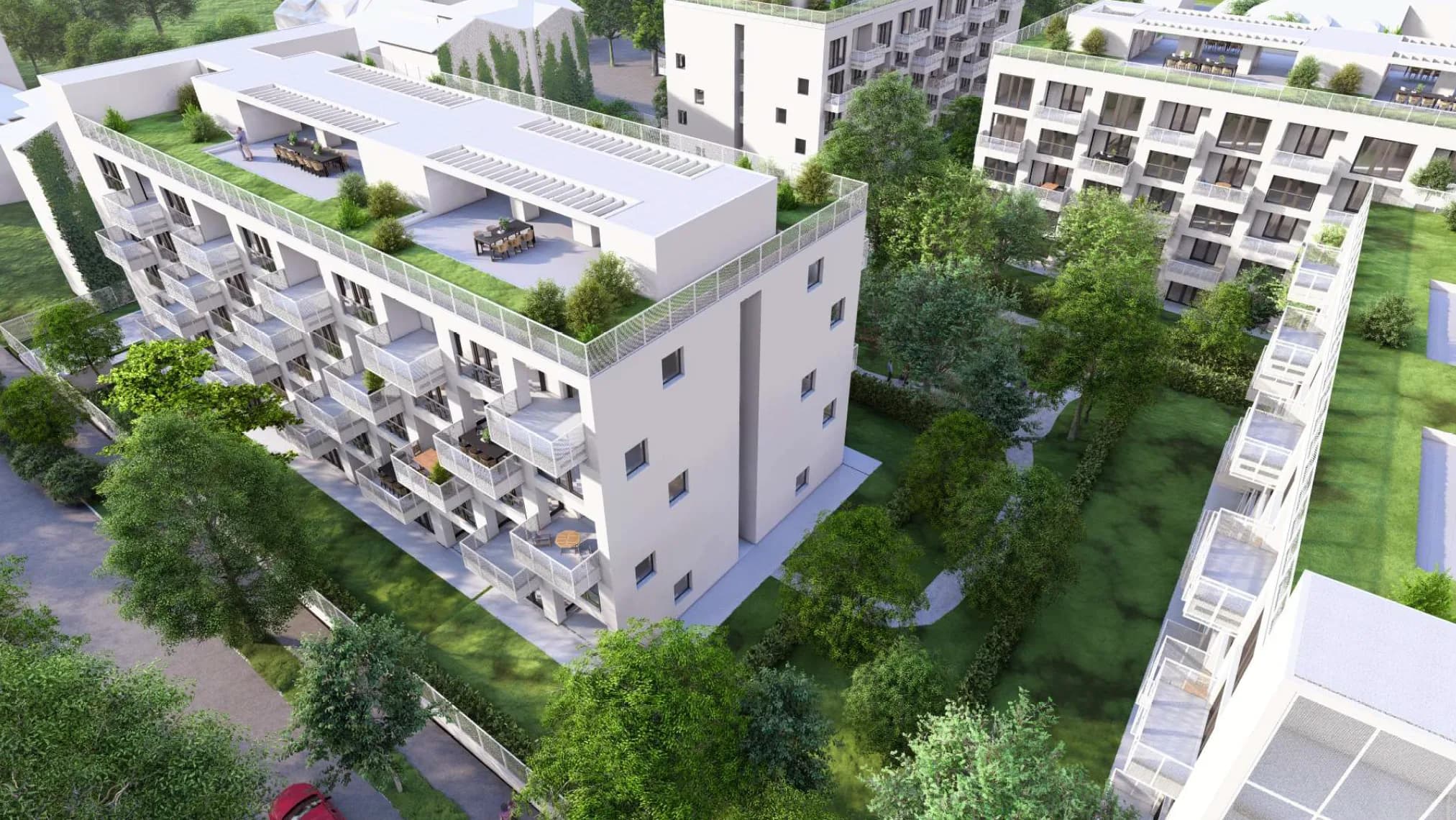 Velion Lakópark belső udvar és tetőkertek látványterv — zöld közösségi terek